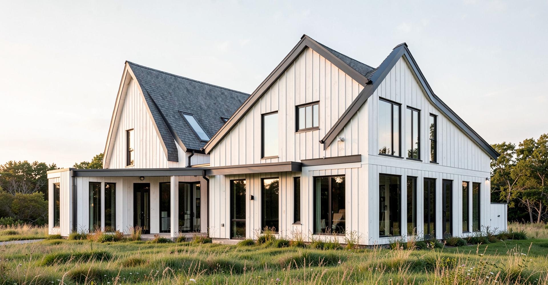 Contemporary New England custom home with gabled forms and black windows