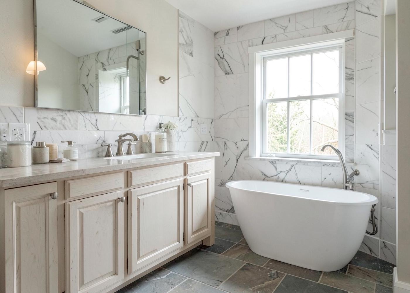 Primary bathroom with marble tile, slate floor and freestanding tub