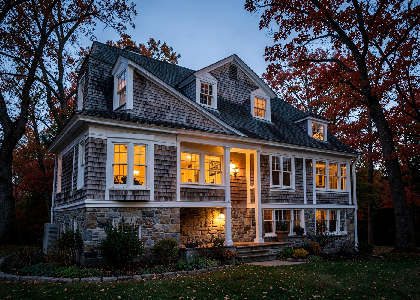 Restored antique Cape home at dusk with warm interior lighting