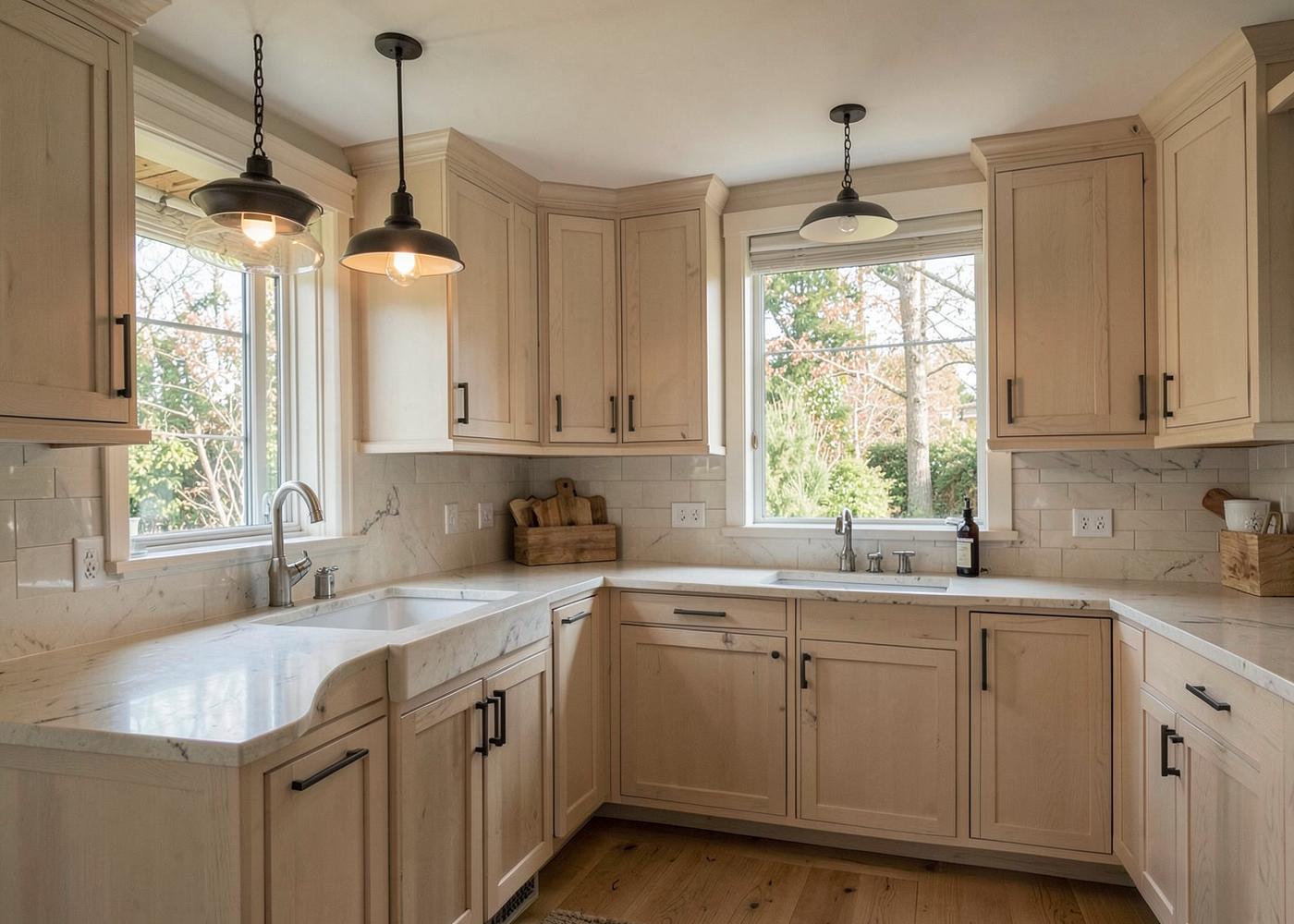 Renovated New England kitchen with white oak cabinetry and stone counters