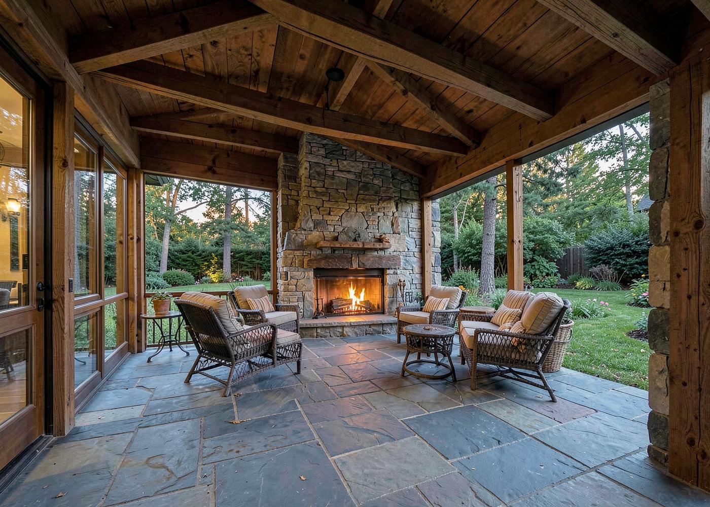 Covered outdoor living room with timber framing and fieldstone fireplace